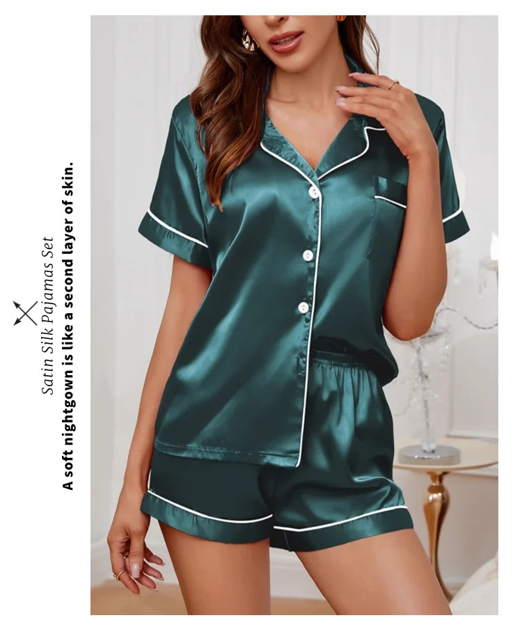 Womens Satin Pajamas Set Luxurious Short Sleeve Turn-down collar Button Top & Shorts Sleepwear & Loungewear for Summer Nightwear - Lena & Miles Exquisite Boutique LLC.