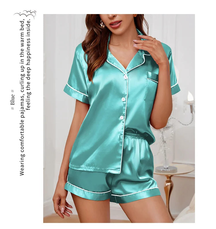 Womens Satin Pajamas Set Luxurious Short Sleeve Turn-down collar Button Top & Shorts Sleepwear & Loungewear for Summer Nightwear - Lena & Miles Exquisite Boutique LLC.